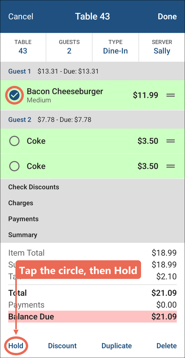 The order in Edit with the Bacon Cheeseburger's circle ticked, and Hold marked at the bottom