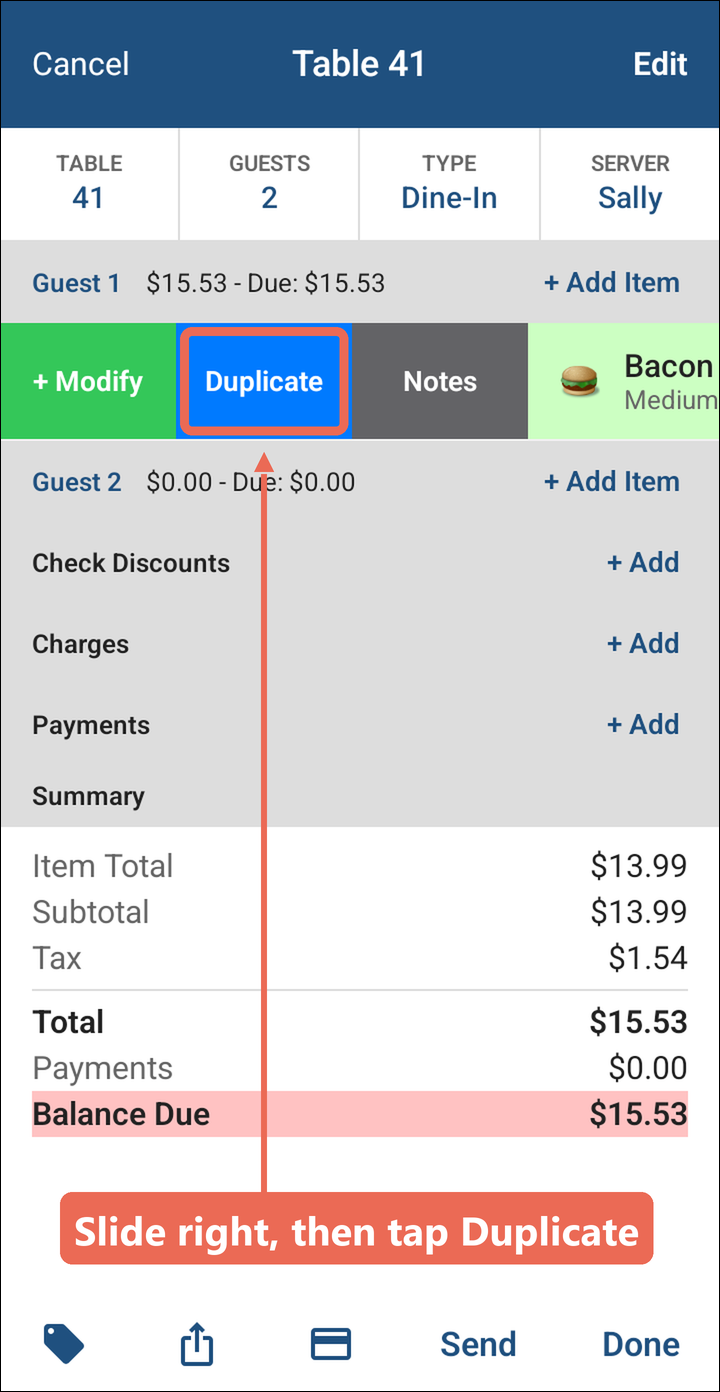 The Bacon Cheeseburger slid to the right with Duplicate marked