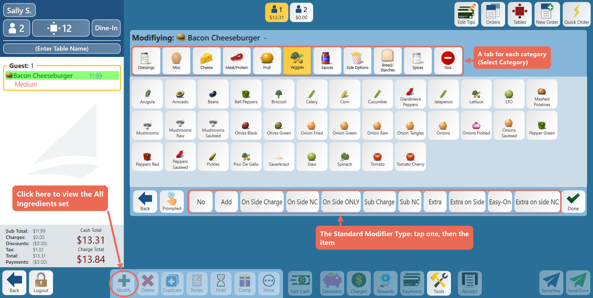 The Modify screen on the terminal for a California Burger: category tabs at the top and the Standard modifier type buttons (No, Add, On Side and more) along the bottom, with No Tomato and Add Avocado on the order