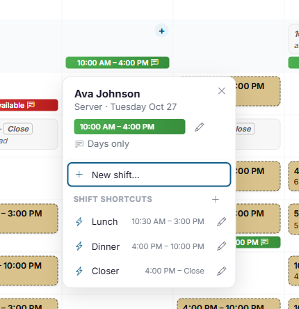 The menu that opens when you click an empty day, with the employee's availability and a pencil beside it at the top, and the shift shortcuts with a pencil beside each and a + beside the heading