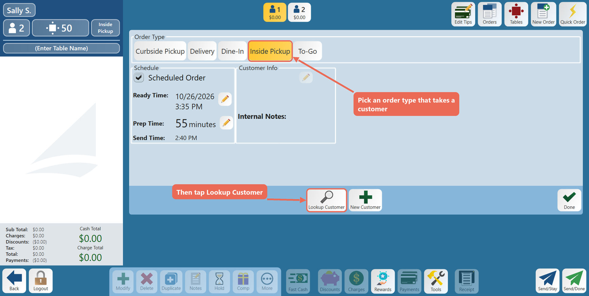 The Order Type screen with Inside Pickup boxed and the Lookup Customer button boxed