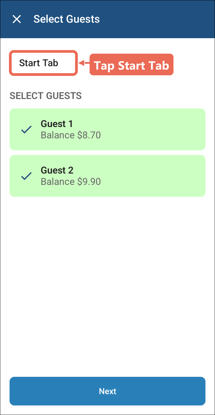 The Select Guests screen with Start Tab marked at the top