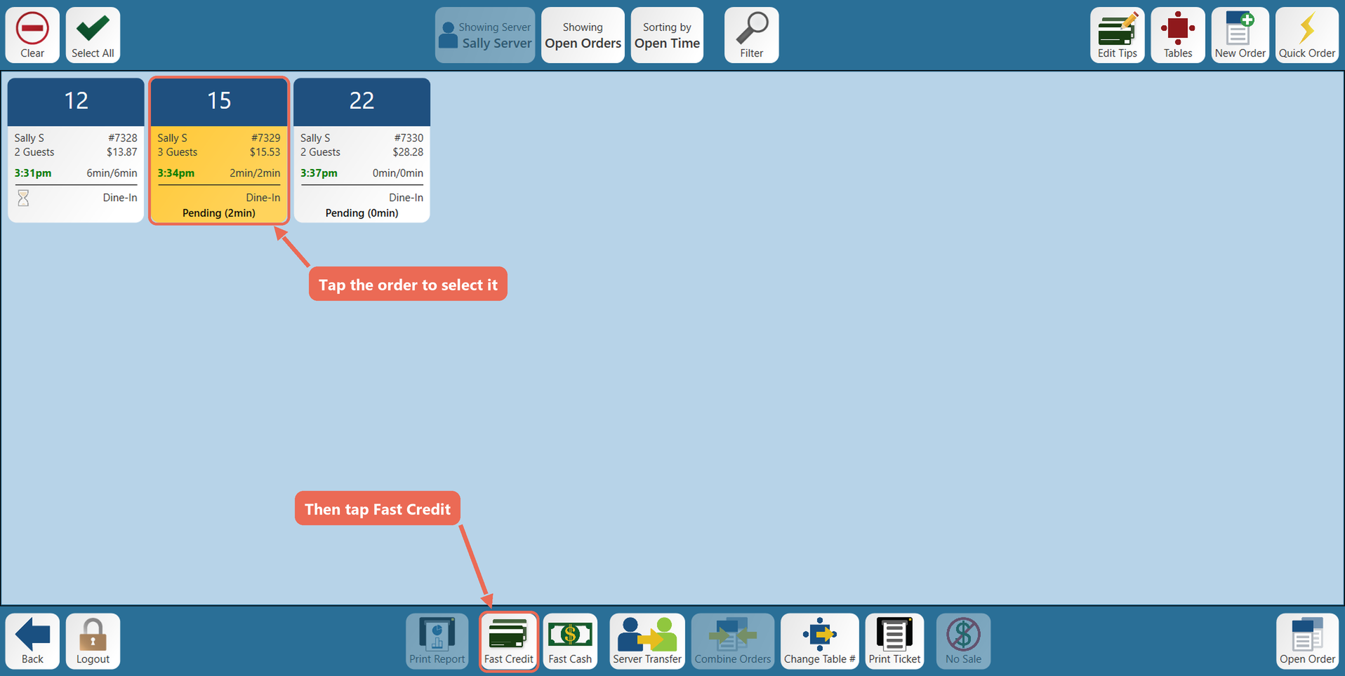 Fast Credit on the Orders Screen and Table View