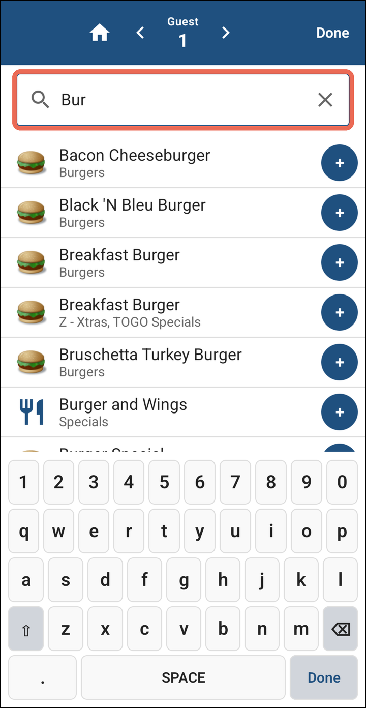 Bur typed in the search box, with matching burgers listed and each one's category underneath