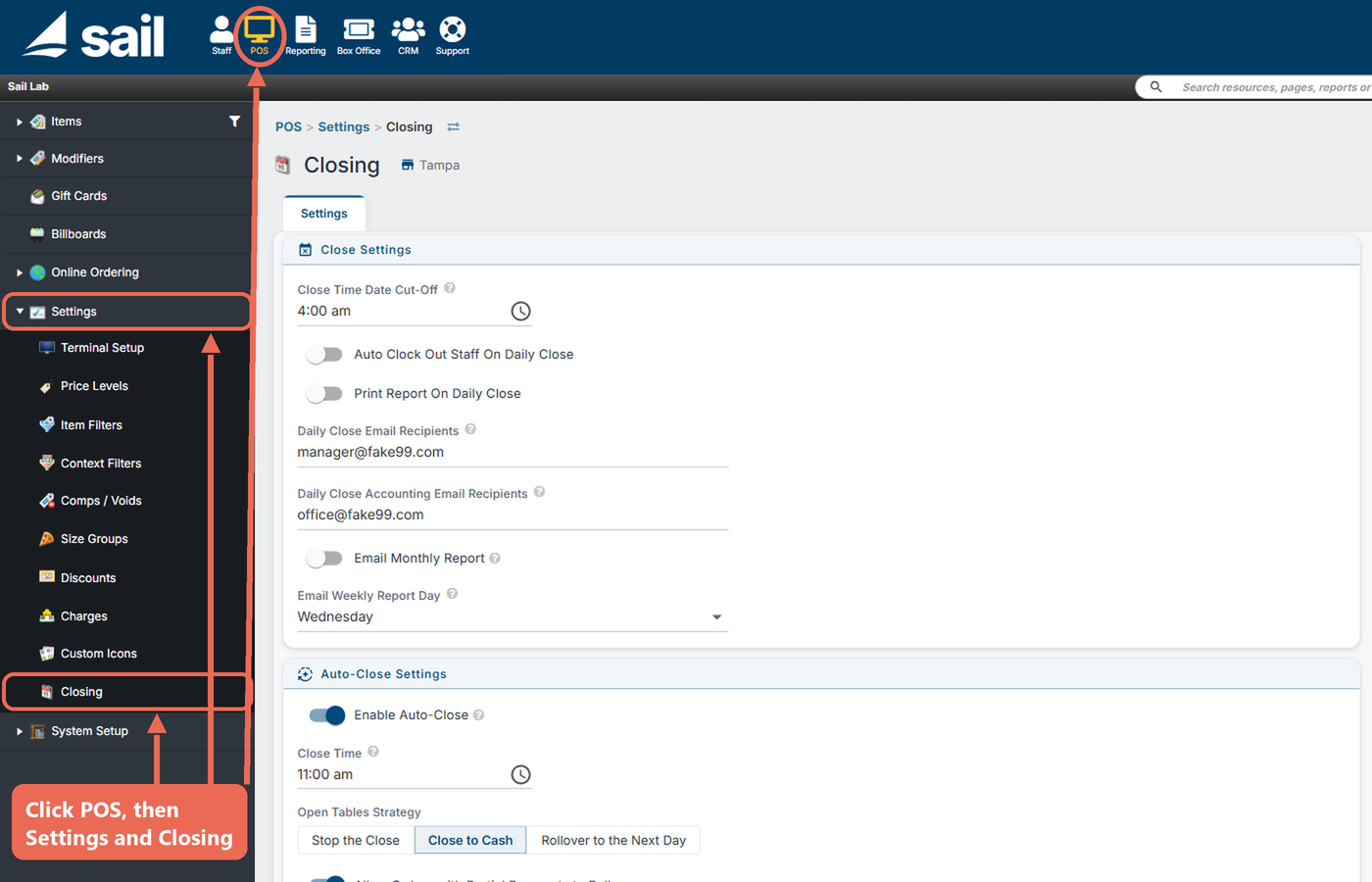 Backoffice with POS at the top and Settings and Closing in the left menu marked, showing the Closing page