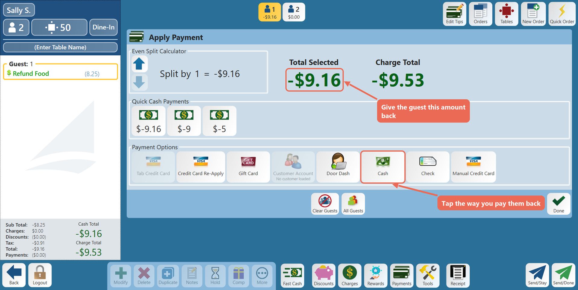 The Payments screen with Total Selected -$9.16 boxed and the Cash button boxed