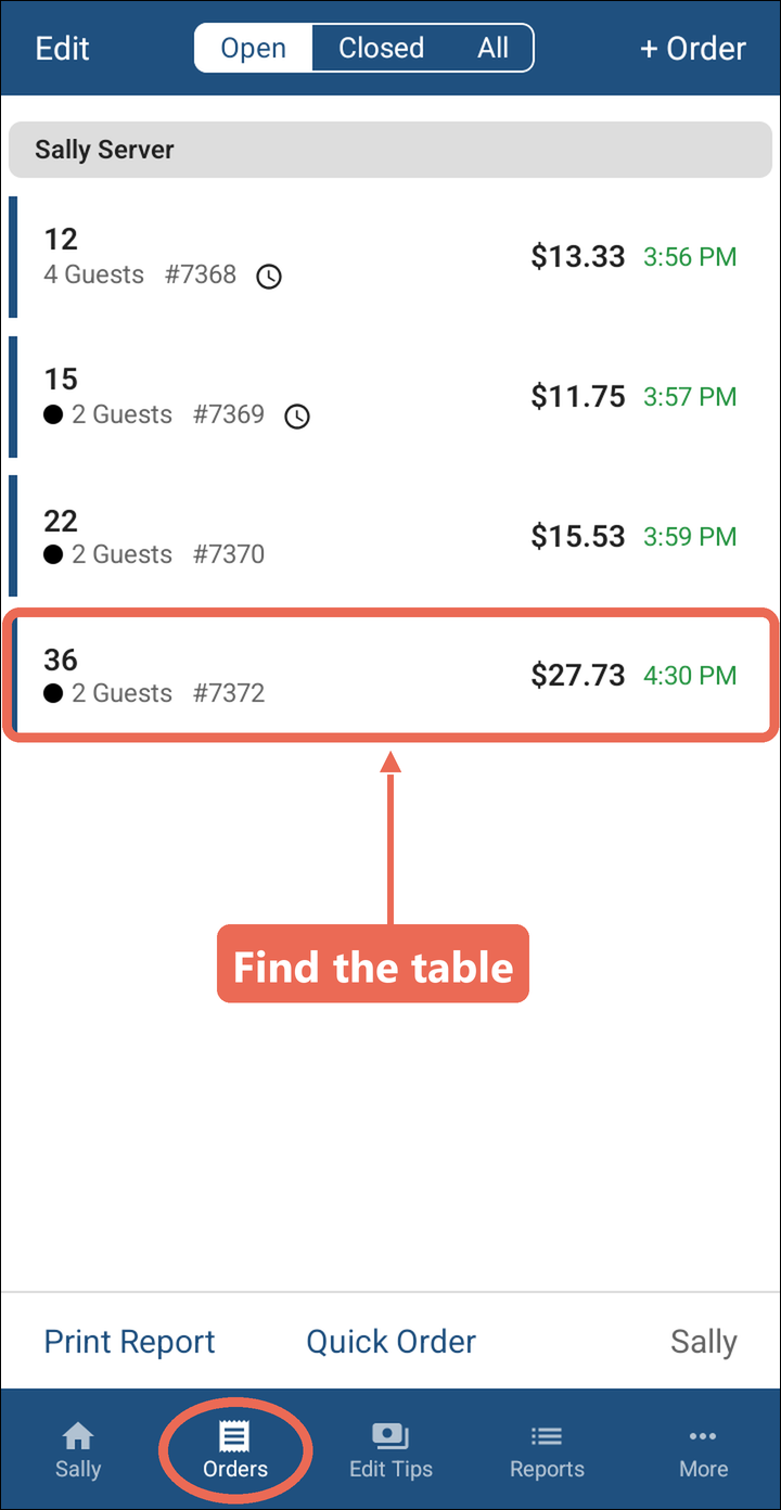 The Orders screen with Orders marked at the bottom and table 36 marked in the list