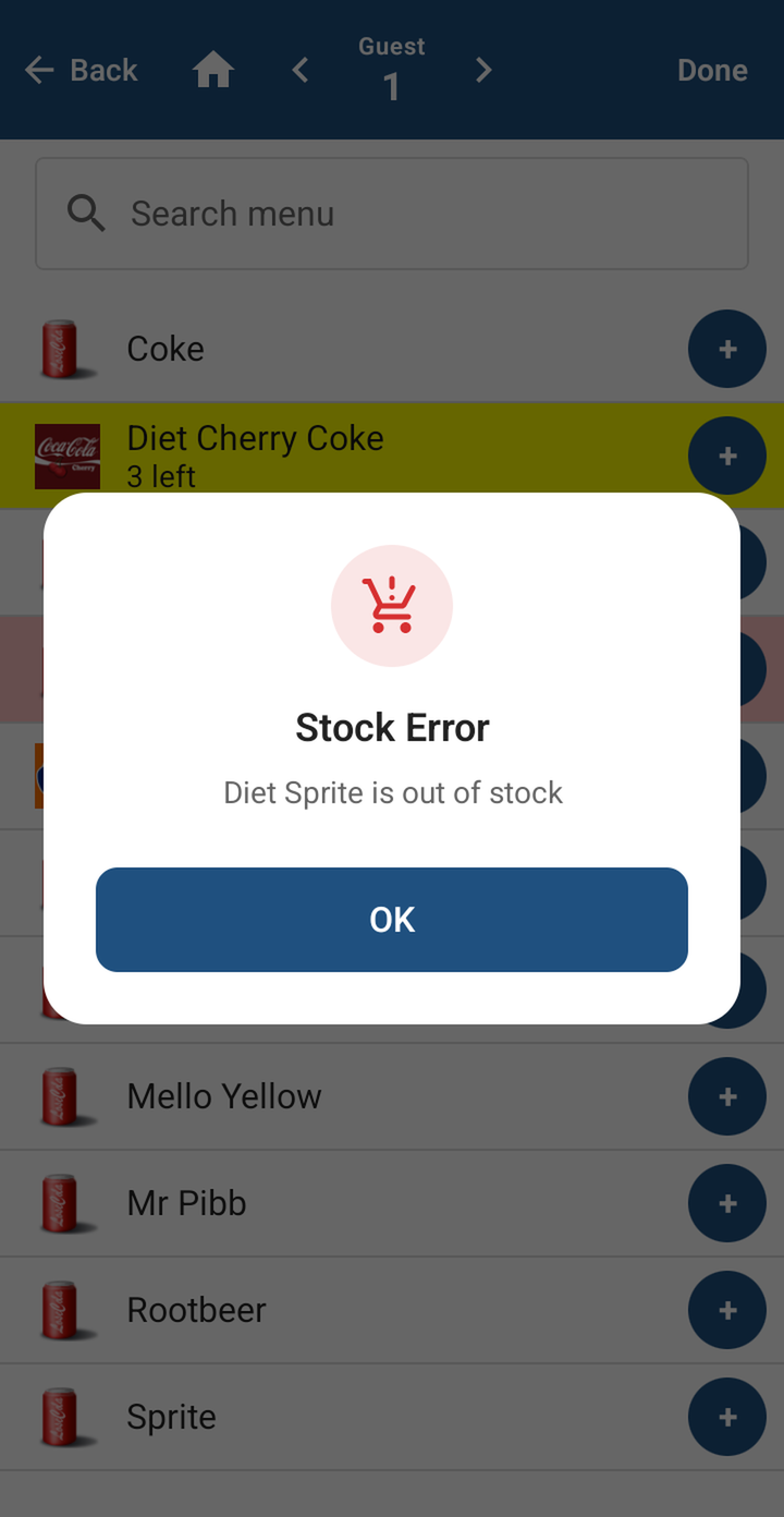 The Stock Error message: Diet Sprite is out of stock, with an OK button