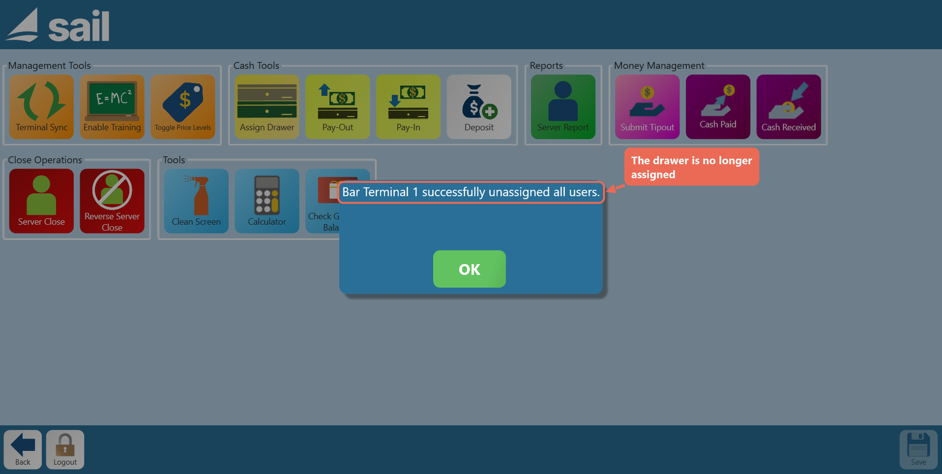 The message Bar Terminal 1 successfully unassigned all users, boxed