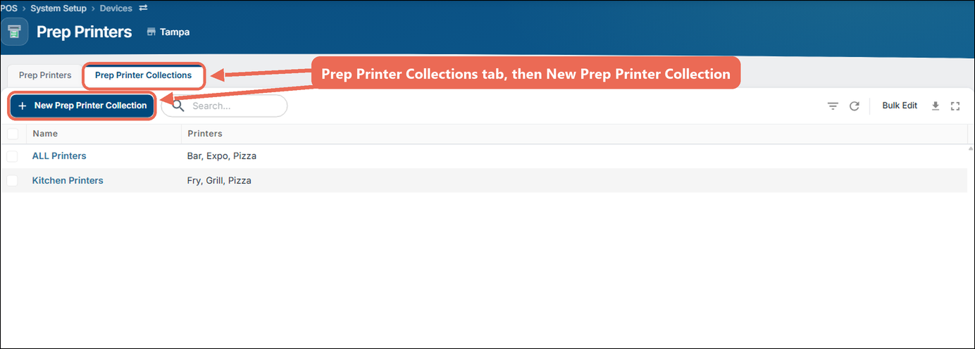 The Prep Printers page with the Prep Printer Collections tab and the New Prep Printer Collection button marked, and the ALL Printers and Kitchen Printers collections in the list