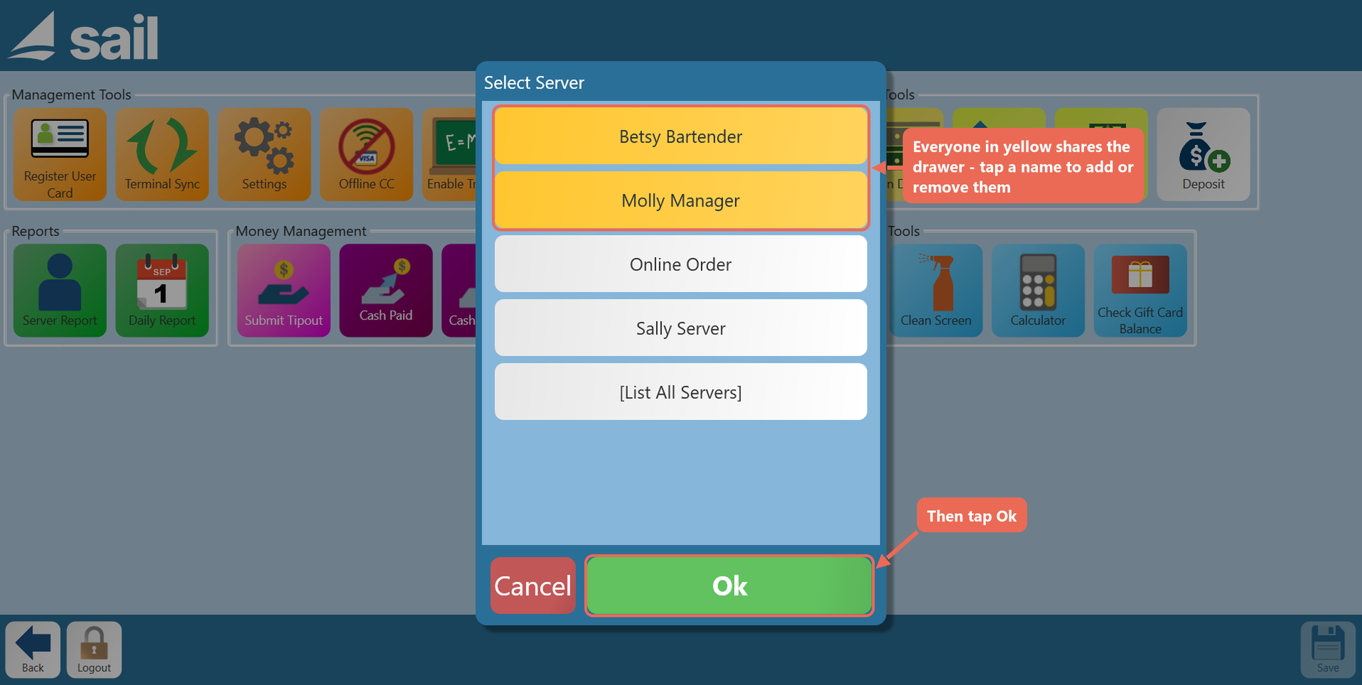 The Select Server list with Betsy Bartender and Molly Manager both selected in yellow and boxed, and the Ok button boxed
