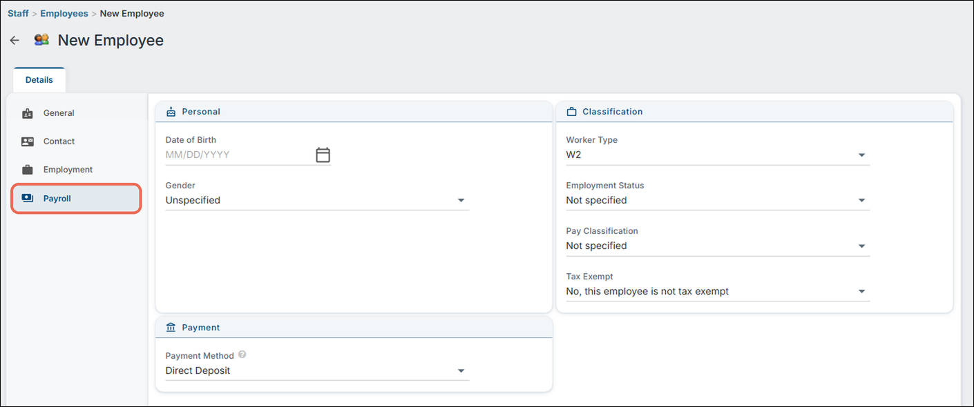 The New Employee page, Payroll tab: Personal, Classification and Payment