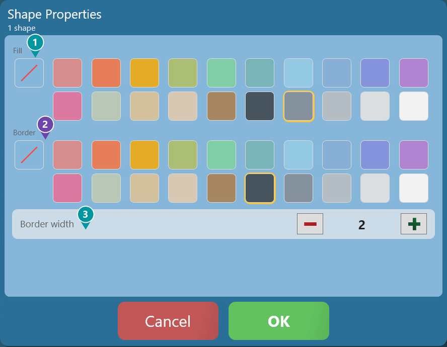 Shape Properties for a box, with numbered markers
