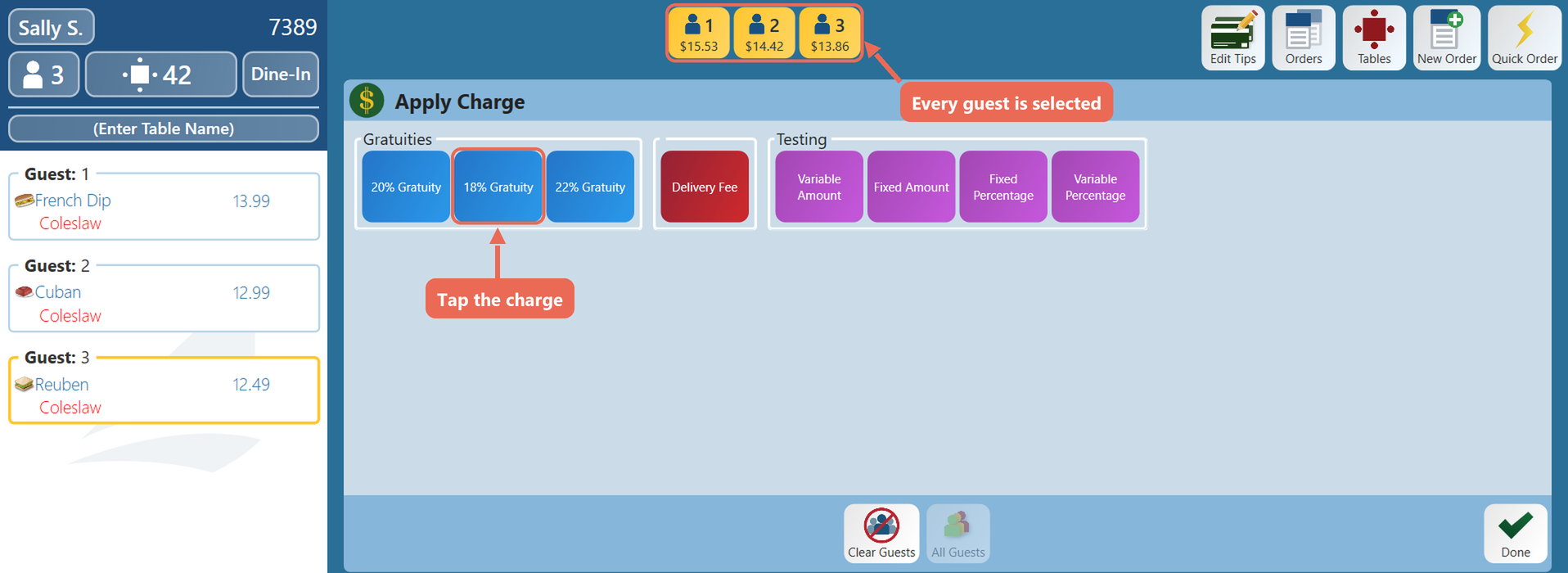 The Apply Charge screen with the three guest buttons at the top marked as all selected, and the 18% Gratuity button marked