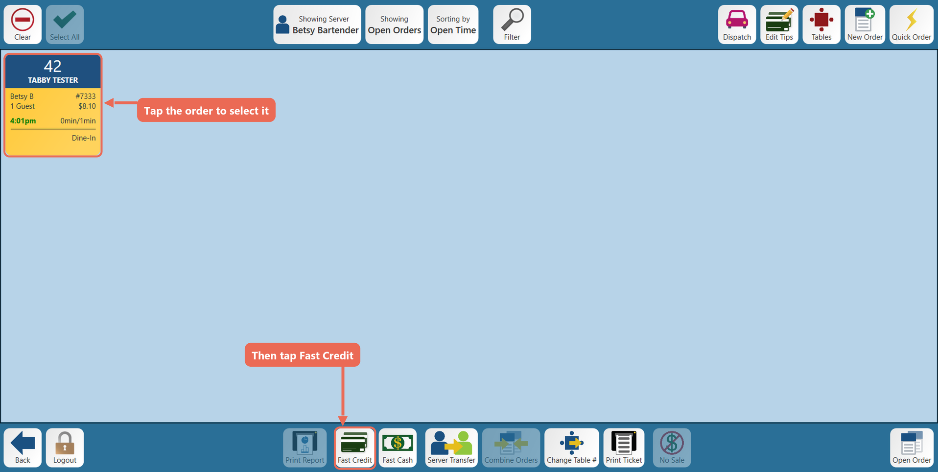 The Orders screen with the order on table 42 selected and the Fast Credit button boxed