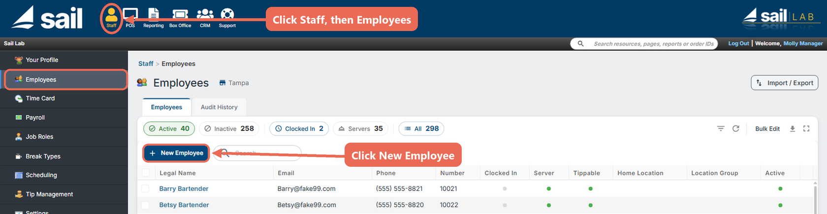 Backoffice Staff, Employees: Staff, Employees and the New Employee button marked
