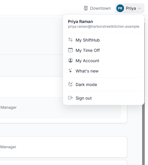 The account menu