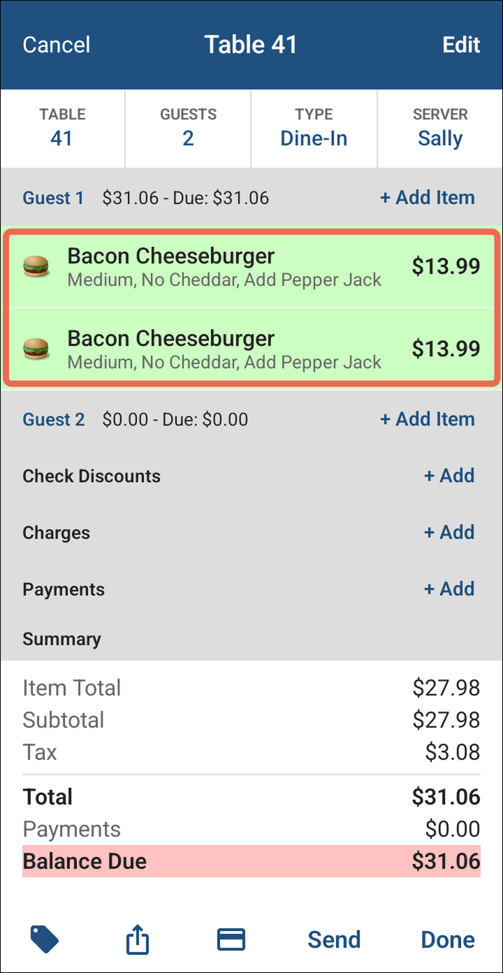Two Bacon Cheeseburgers for Guest 1, both Medium, No Cheddar, Add Pepper Jack