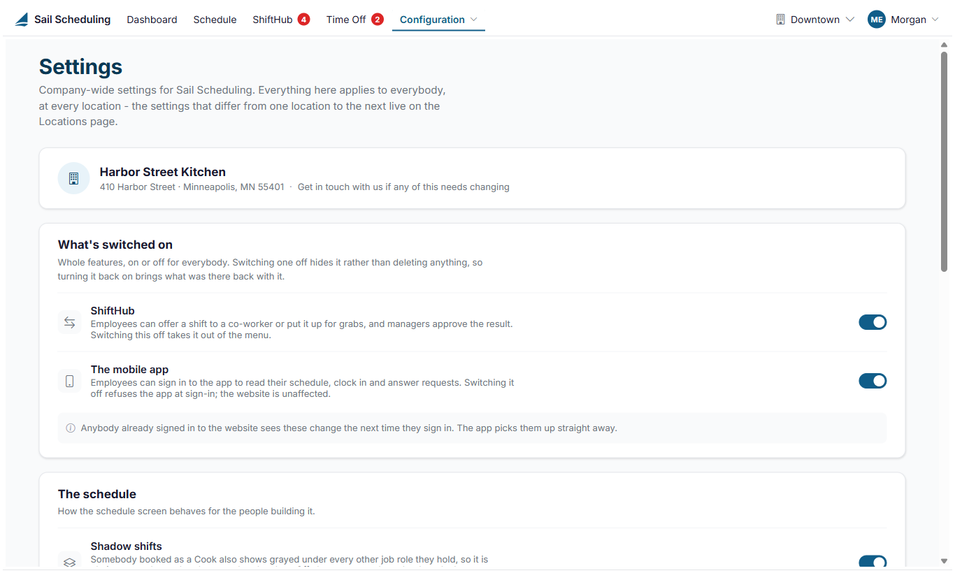 The Settings page