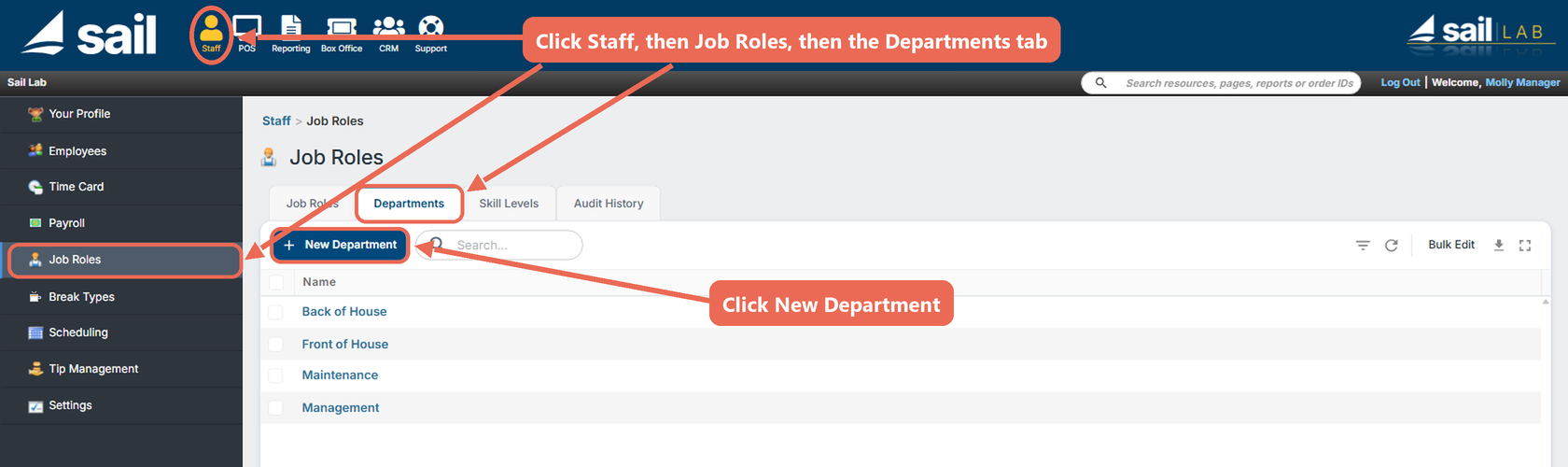 Backoffice with Staff at the top, Job Roles in the left menu, the Departments tab and the New Department button marked