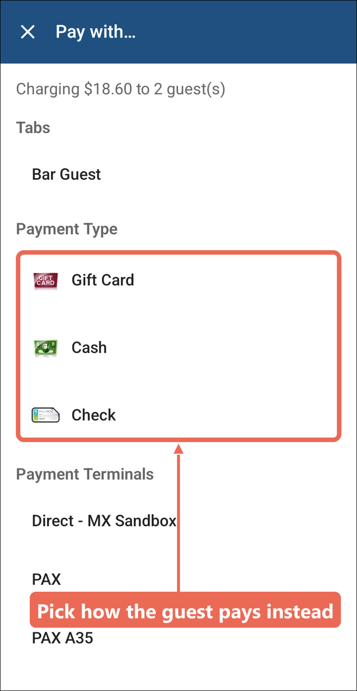 The Pay with screen with the payment types marked below the tab