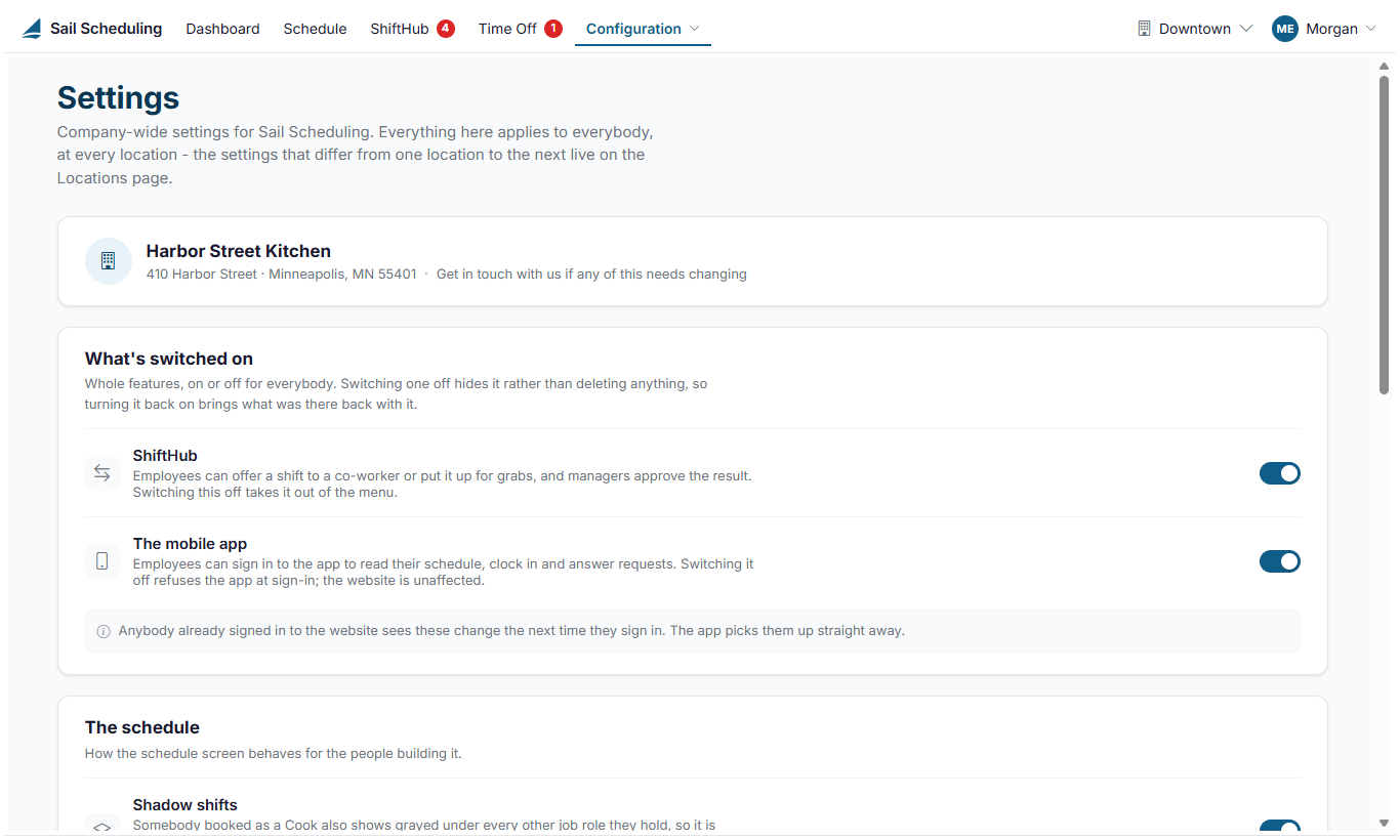 The Settings page