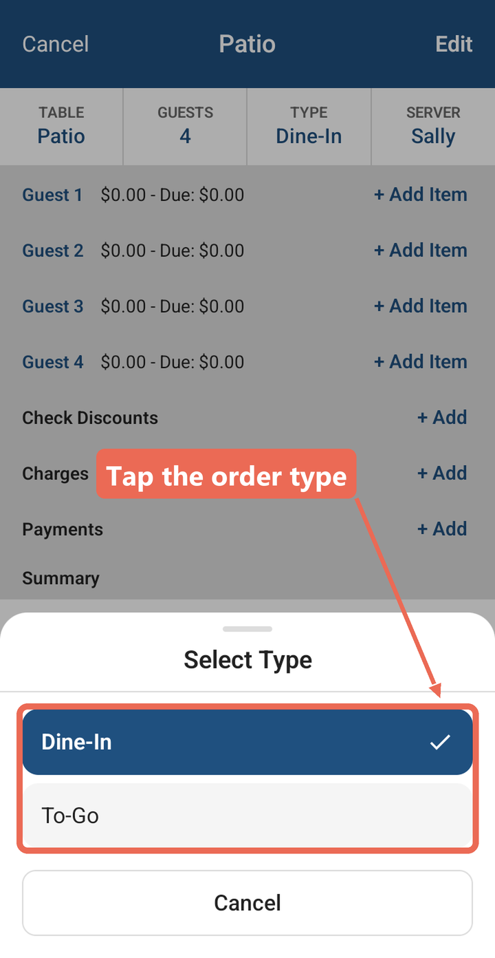 The Select Type window with Dine-In and To-Go marked