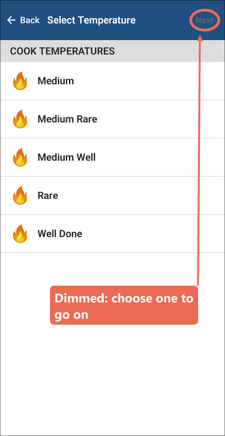 The Select Temperature question with the dimmed Next button marked
