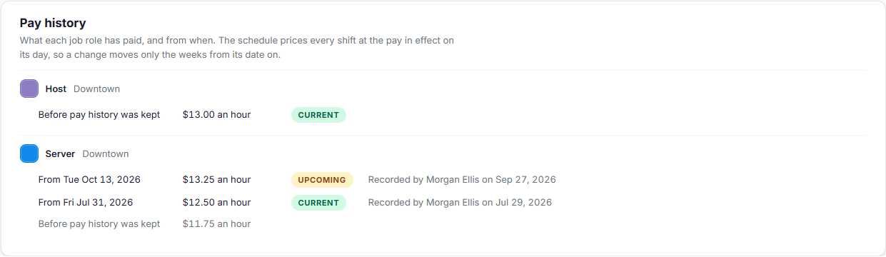 Pay history, with a current and an upcoming raise