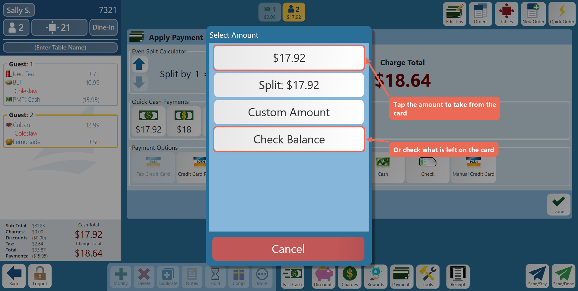 The Select Amount list for a gift card with $17.92 and Check Balance boxed