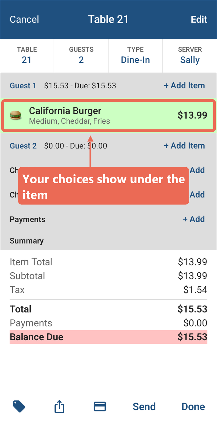 The order with the California Burger and Medium, Cheddar, Fries under it marked