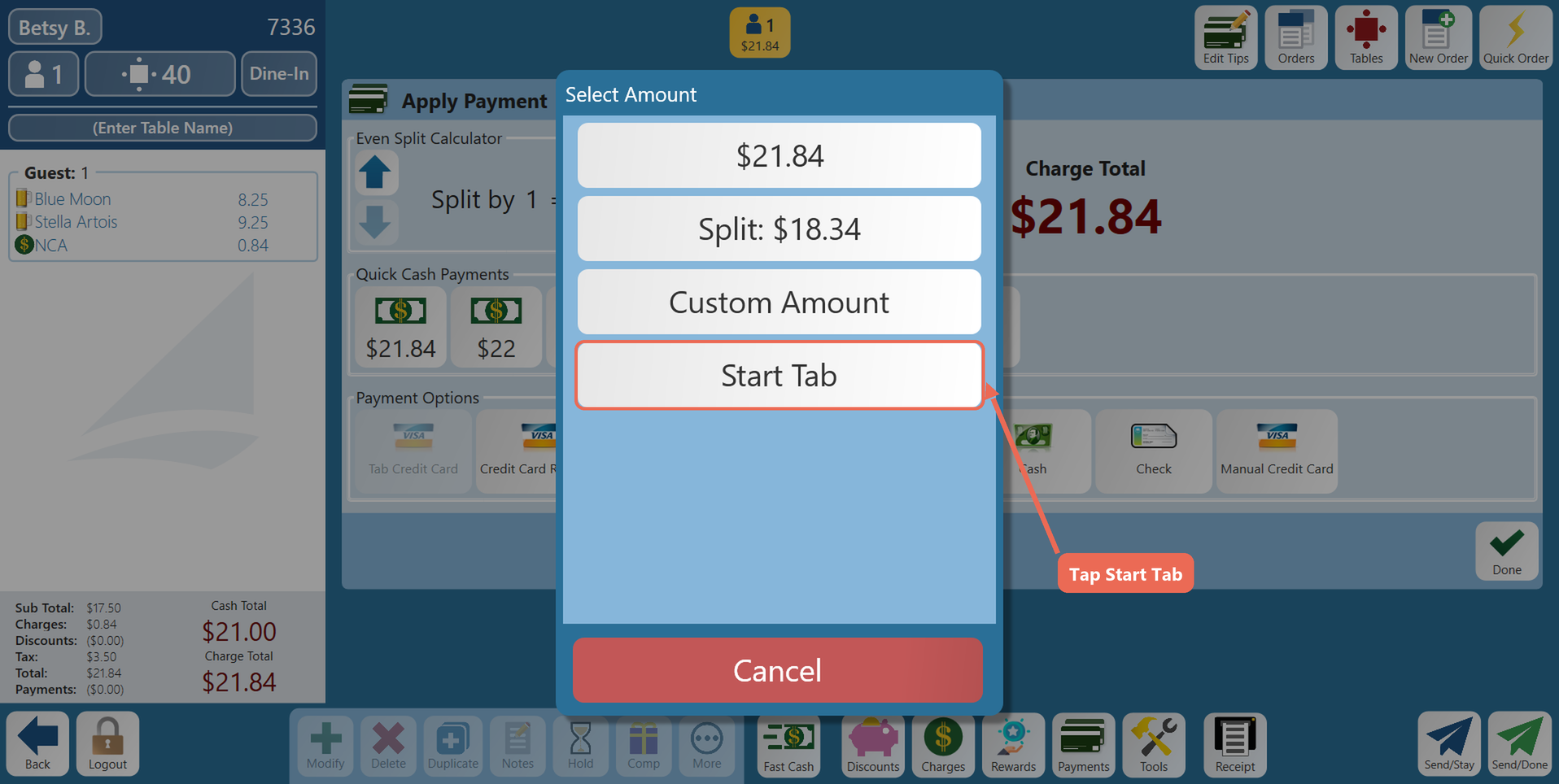 The Select Amount list with Start Tab boxed