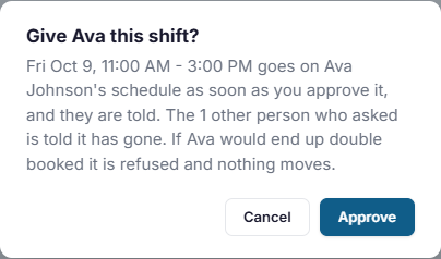 The Give Ava this shift confirmation