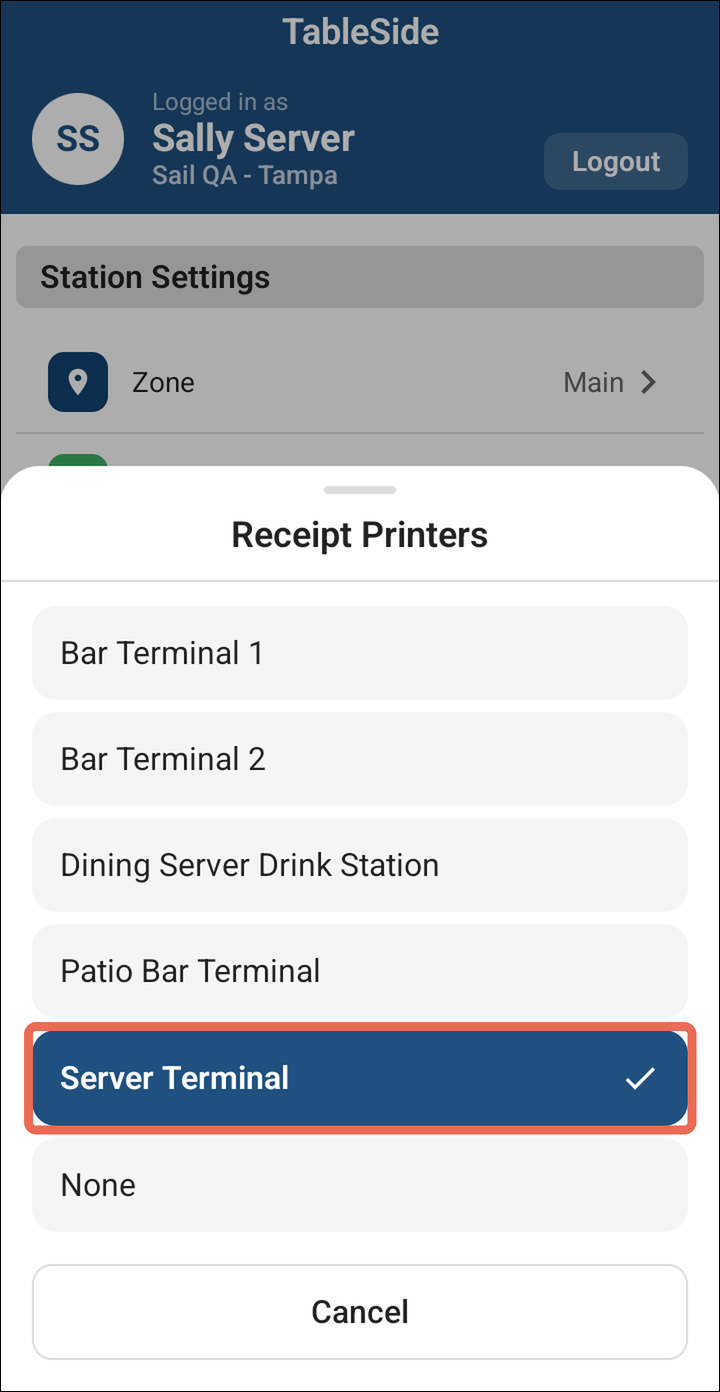 The Receipt Printers list with the picked printer marked