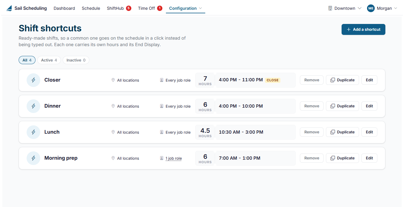 The Shift shortcuts page