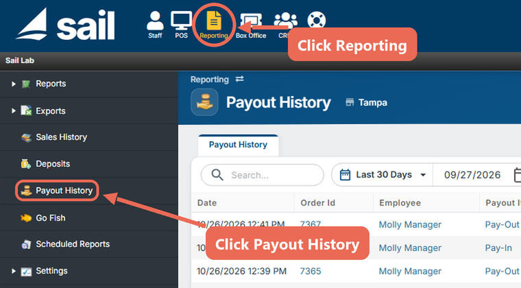 The top of Backoffice with Reporting circled, and Payout History marked in the menu on the left
