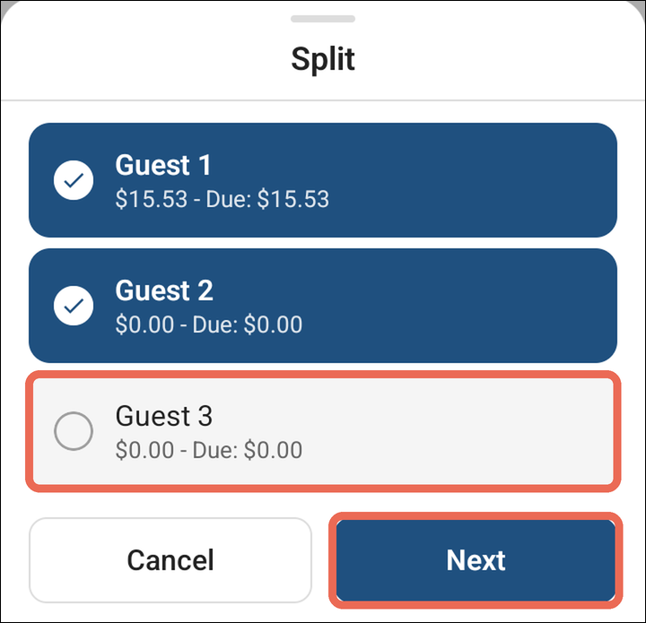 The Split list with Guest 1 and Guest 2 ticked, Guest 3 unticked and marked, and Next marked